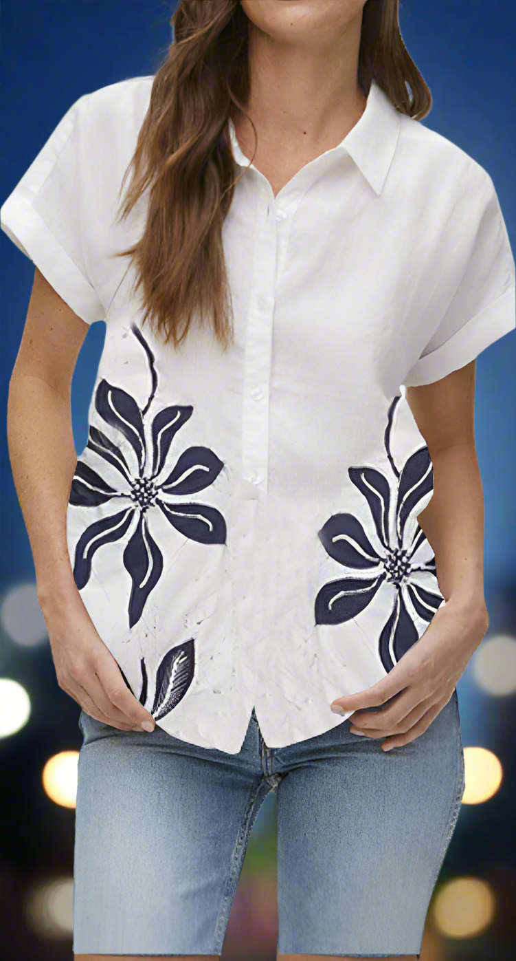 Navy Floral Accent Top