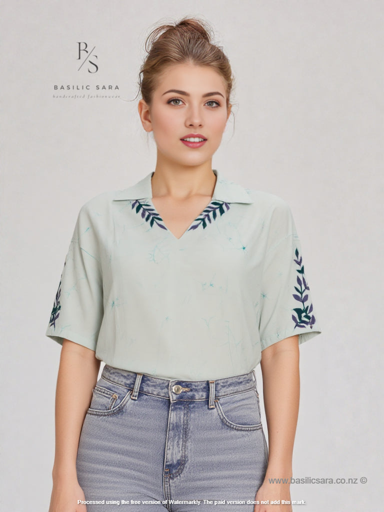 Verdant Bloom Cotton V-Neck Top