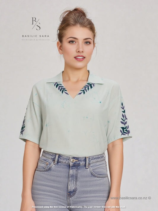 Verdant Bloom Cotton V-Neck Top