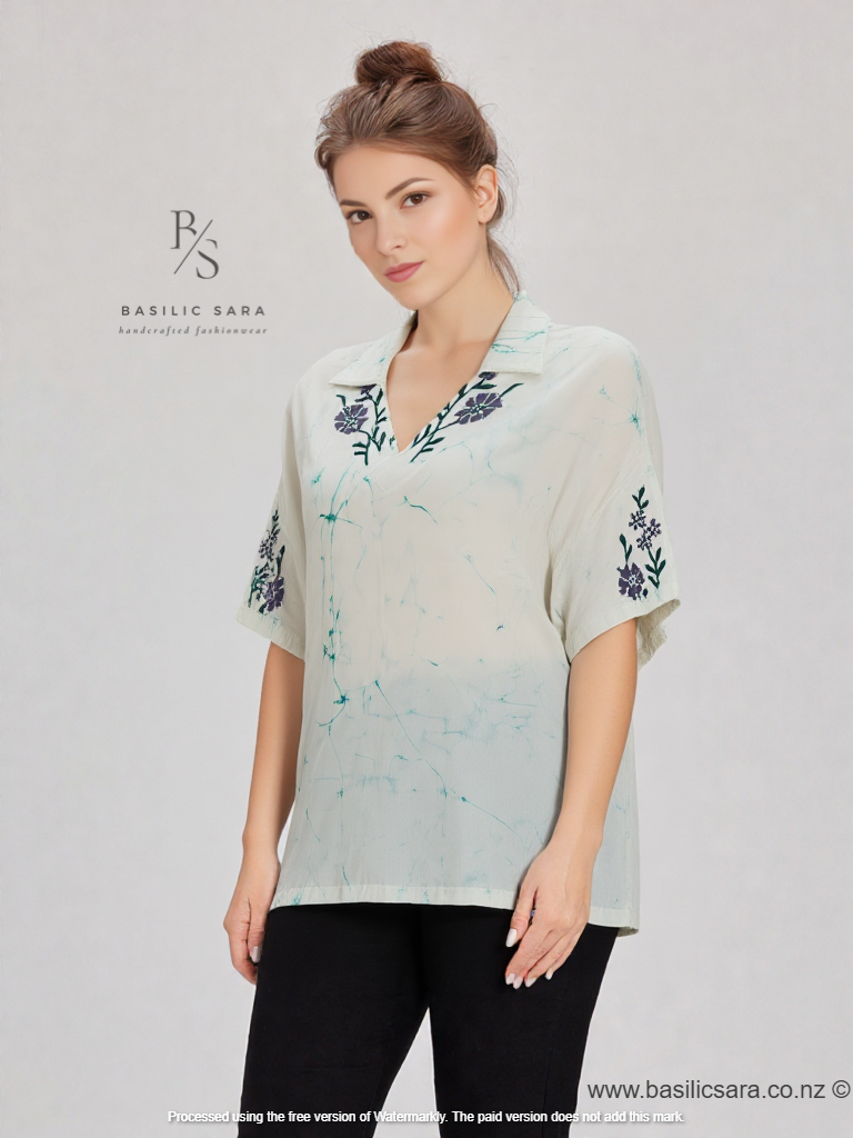 Mint Garden Cotton  V-Neck Top